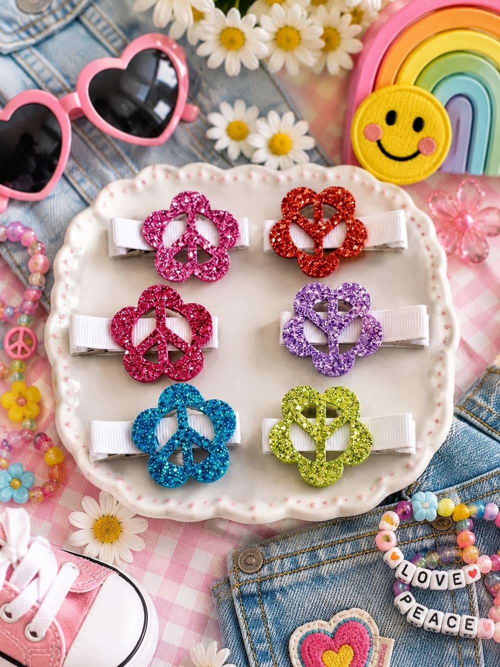 Shimmy Shimmy Inc Glitter Peace Sign Hair Clips Set of 6 Girls NWT